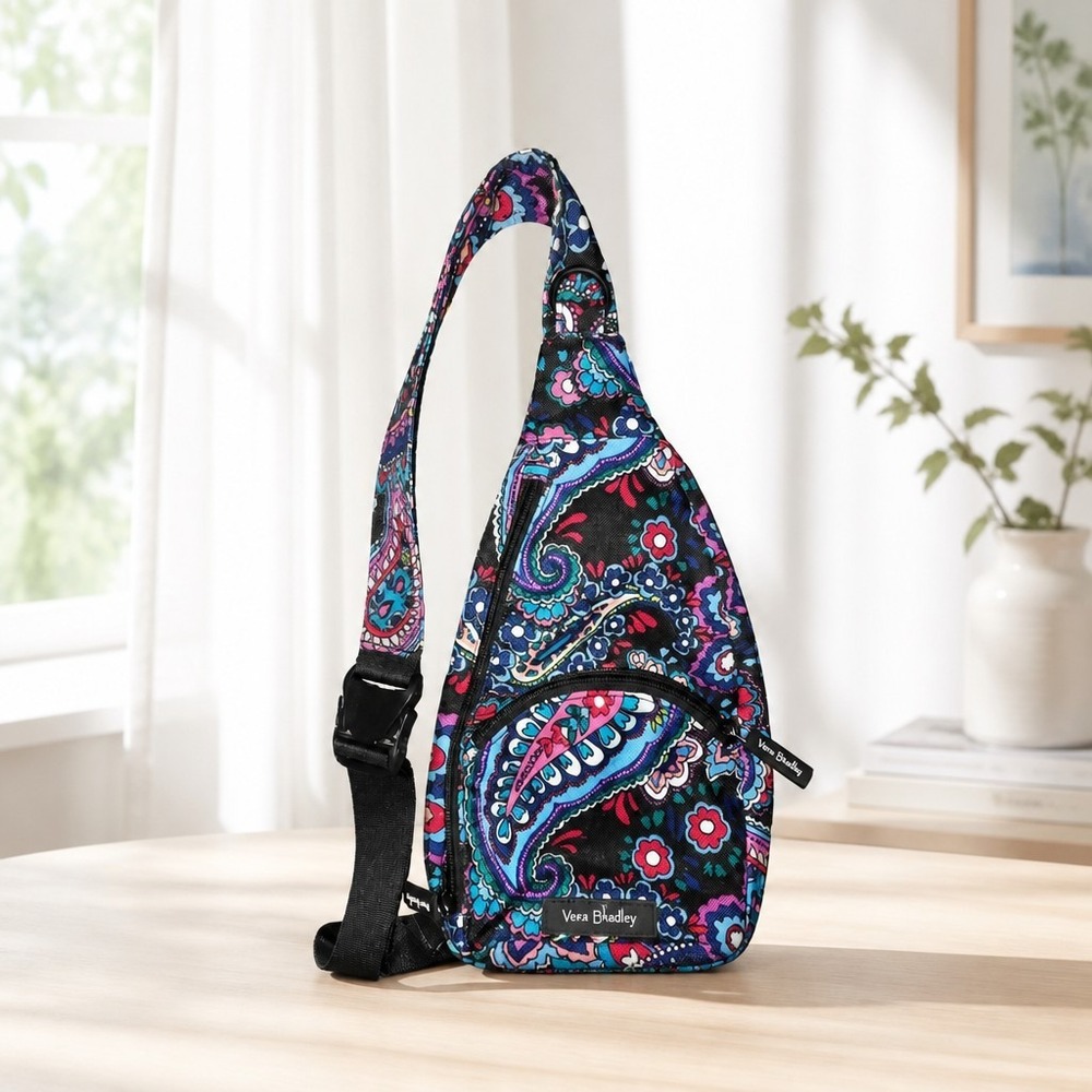 Vera Bradley Petal Paisley Quilted Cargo Sling Crossbody Backpack Black Floral
